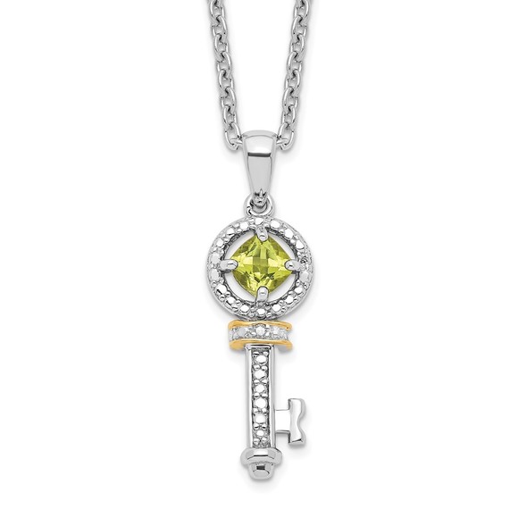 Sterling Silver w 14K Accent Peridot August Birthstone & Diamond Key Necklace - Picture 1 of 4